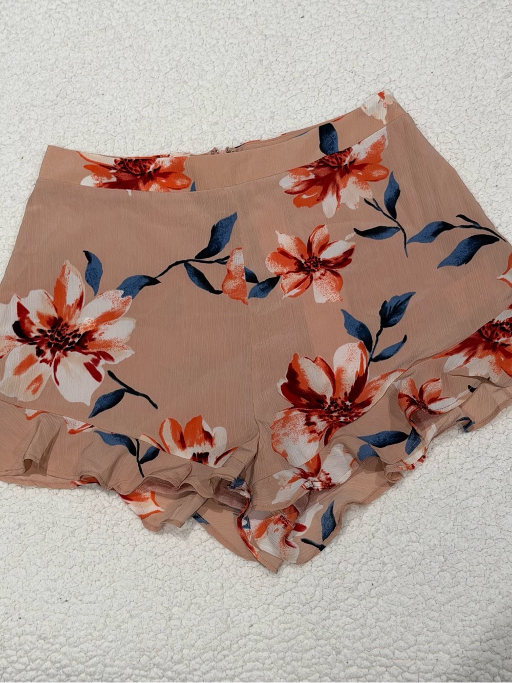 Lush Peach Floral Ruffle Hem High Waist Shorts